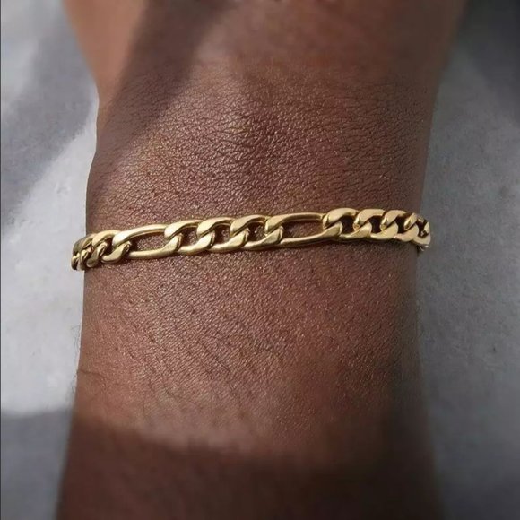 18K Gold Mens Figaro Chain Link Bracelet NEW 18 K Retro Style Guys